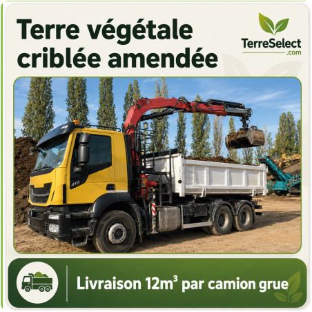 Camion grue déchargeant 12 m³ de terre végétale criblée en Île-de-France