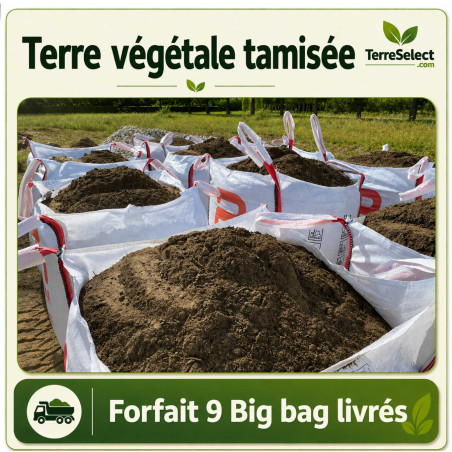 9 big bags de terre criblée amendée déposés par camion grue en Ile-de-France