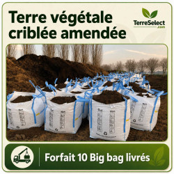 10 big bags de terre criblée amendée déposés par camion grue en Île-de-France