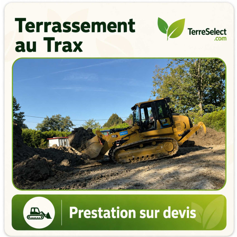 Trax Caterpillar sur chenilles réalisant un terrassement en Île-de-France