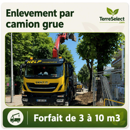 Camion grue chargeant de la terre pour évacuation de déblais en Île-de-France